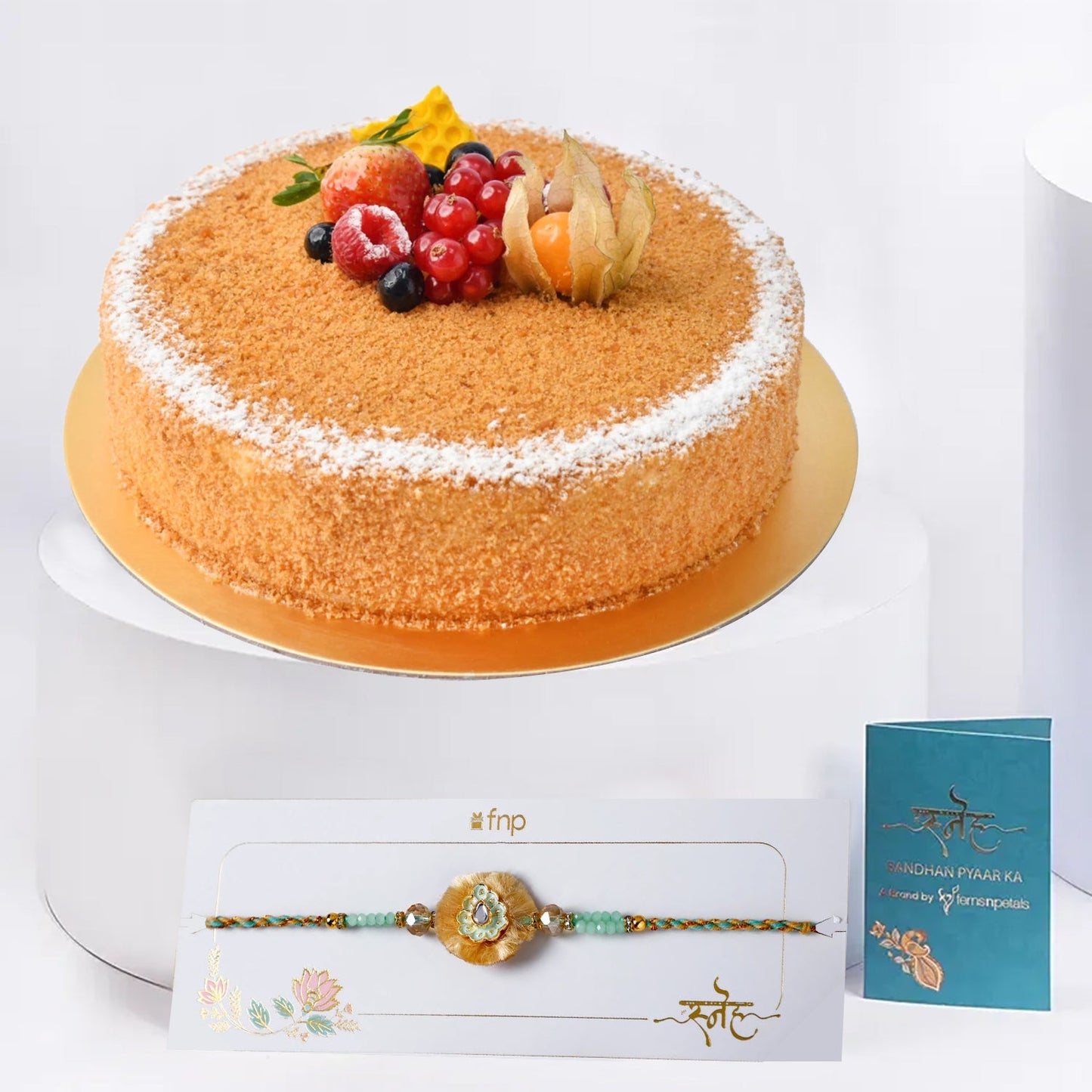 Delicious Honey Cake with Elegant Ethnic Rakhi Gift Set