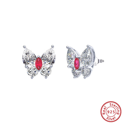 Elegant Silver Butterfly Crystal Earrings with Red Marquise Accent