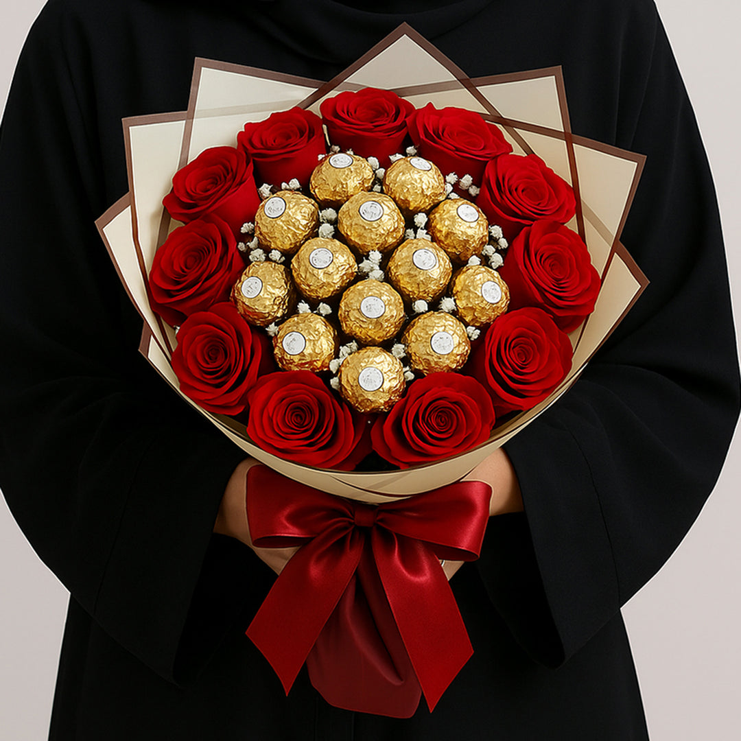 Elegant Red Rose and Ferrero Rocher Bouquet – Perfect Gift of Love